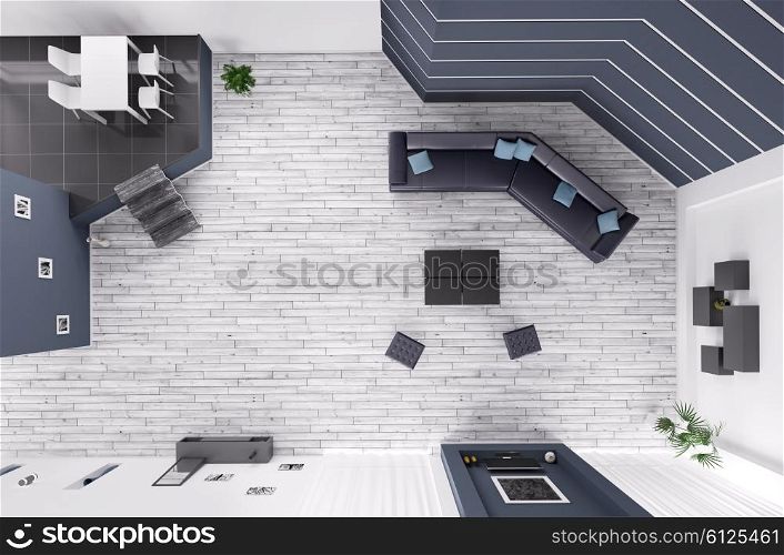 Top view of modern living room interior with sofa and chairs 3d render