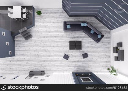 Top view of modern living room interior with sofa and chairs 3d render