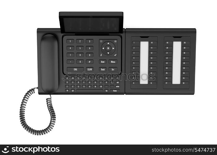 top view of modern office desk phone isolated on white background