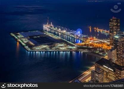 Top view of Navy pier at twilight time, along Lake Michigan, Chicago cityscape, illinios, United states, Business Architecture and building with tourist concept