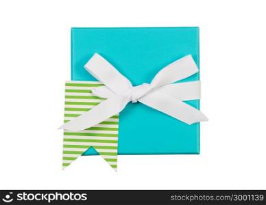 Top view of new aqua color wrapped gift box and white bow isolated on white