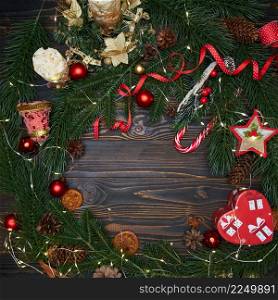 Top view of New year or Christmas Festive background with decorations and lights. High quality photo. Top view of New year or Christmas Festive background with decorations and lights