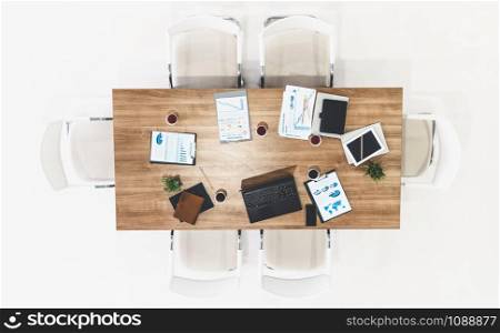 Top view of office meeting room table with nobody. Business concept.
