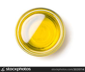 Top view of olive oil bowl isolated on white. olive oil bowl isolated