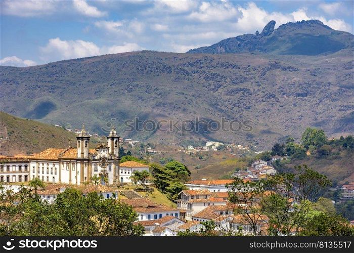 Top view of one of the many historic churches in Baroque and colonial style from the 18th century in the city of Ouro Preto in Minas Gerais, Brazil. Top view of historic church in Baroque and colonial style from the 18th century in the city of Ouro Preto