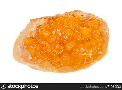 top view of open sandwich with fresh bread and apricot jam isolated on white background
