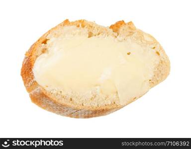 top view of open sandwich with fresh bread and butter isolated on white background