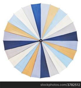 top view of open striped multicolored umbrella isolated on white background