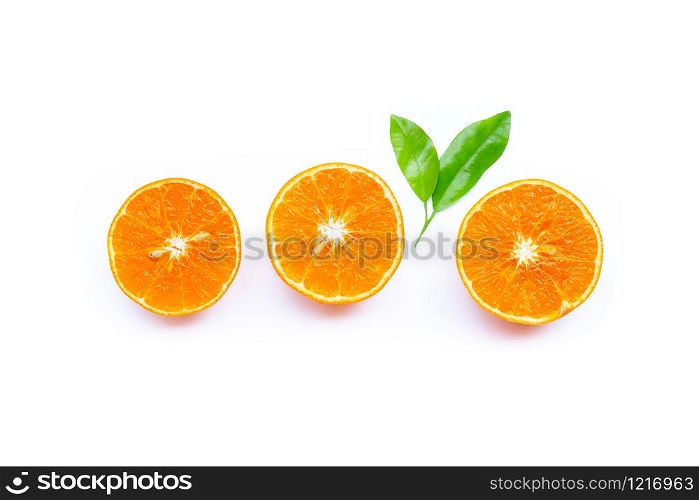 Top view of orange fruit on white background. Copy space