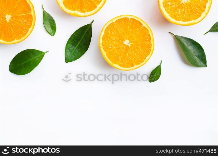 Top view of orange fruits and leaves isolated on white background. Copy space