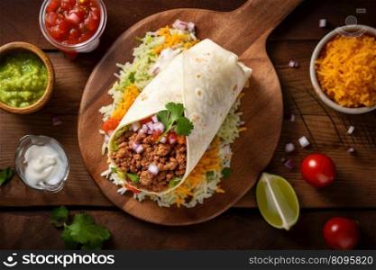 Top view of Original Mexican Burritos wraps with beef and vegetables on rustic wooden table. Concept menus and advertisement. Generative AI