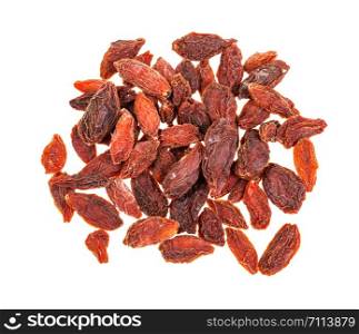 top view of pile of dried goji berries isolated on white background