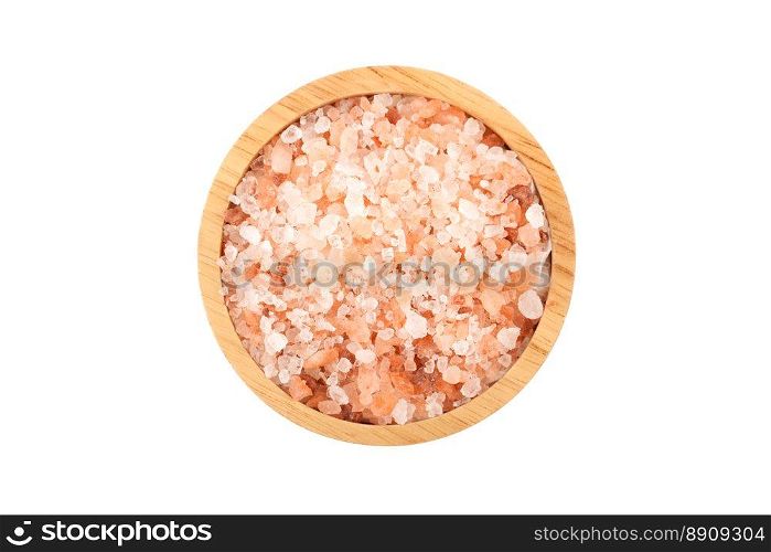 Top view of pink Himalayan salt in wooden bowl isolated on white background