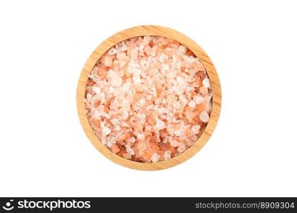 Top view of pink Himalayan salt in wooden bowl isolated on white background