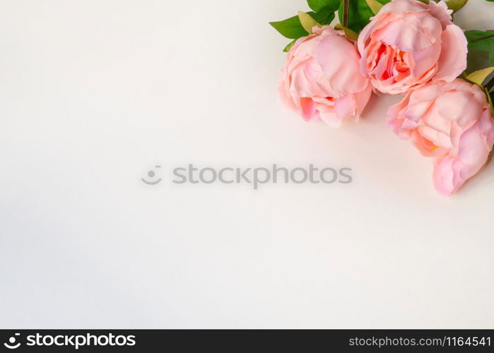 Top view of pink Peonies artificial flowers on white blank background