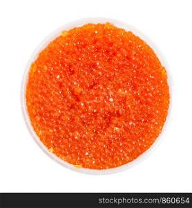 top view of plastic container with salted russian red caviar of pink salmon fish isolated on white background