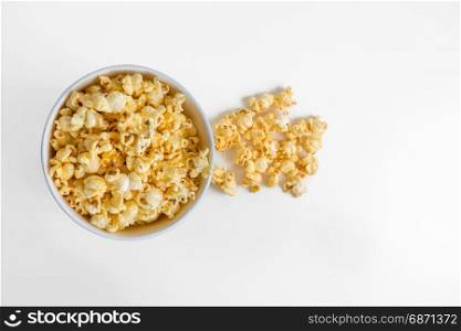 top view of popcorn in a box isolated on white