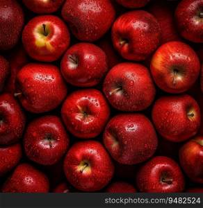 Top view of  red apples with visible drops of water  created by AI