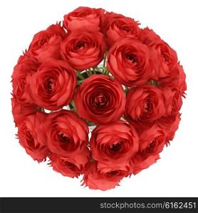 top view of red roses in vase isolated on white background