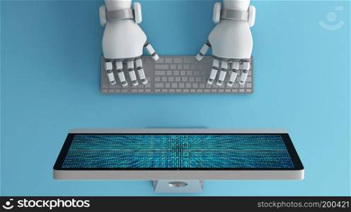 Top view of Robot hands using keyboard in front of a computer monitor with binary number code screen, mock up. Artificial intelligence in digital data futuristic technology concept, 3d illustration