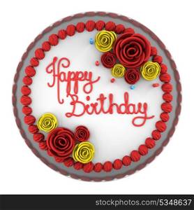 top view of round birthday cake with candles on dish isolated on white background