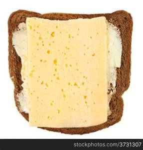 top view of rye bread and dairy butter with cheese sandwich isolated on white background