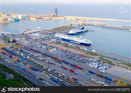 top view of sea harbour at Barcelona, Spain