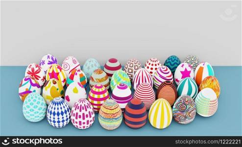 Top view of set of colorful easter eggs place on blue ground and white background. 3D illustration.