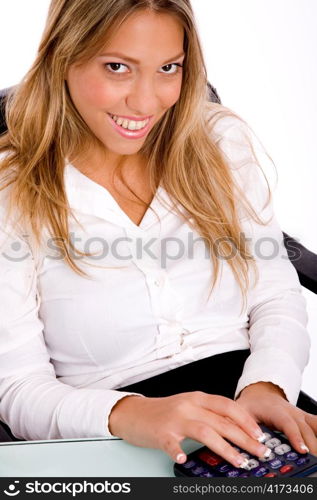 top view of smiling accountant with calculator on an isolated white background