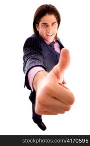 top view of smiling man with thumbsup against white background