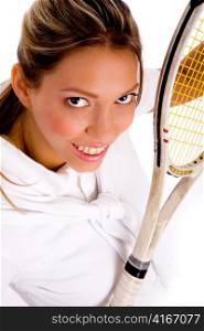 top view of smiling tennis player on an isolated background