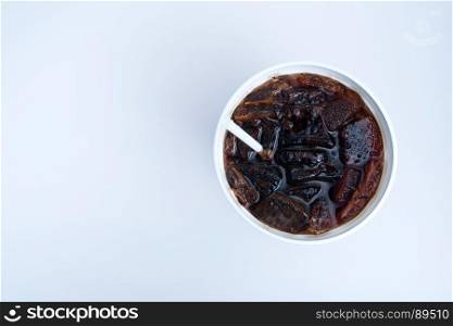 top view of soft drink in plastic cup isolated on white background
