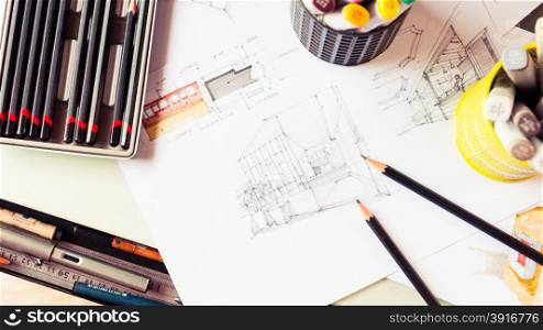 Top view of stationery tool element and sketching interior design