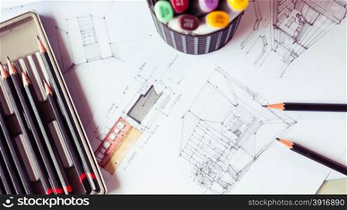 Top view of stationery tool element and sketching interior design