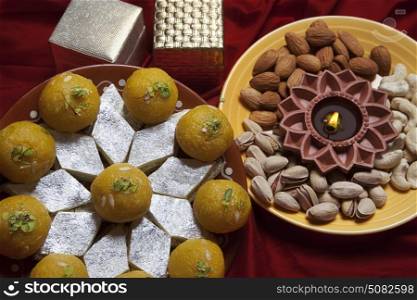 Top view of sweets , nuts and gifts