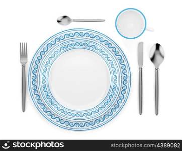 top view of table setting with cup isolated on white background