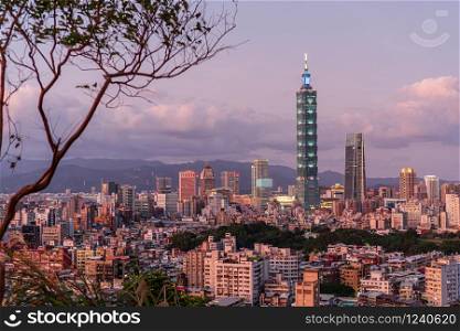 Top view of Taipei City Skyline at sunset, Taiwan