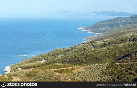 Top view of the Aegean Sea coastline (near Mylopotamos beach, Greece).