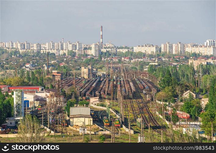 Top view of the industrial zone of Odessa, Ukraine, in the area of Peresyp and the Kotovsky district on a sunny summer day. Top view of the industrial zone of Odessa, Ukraine