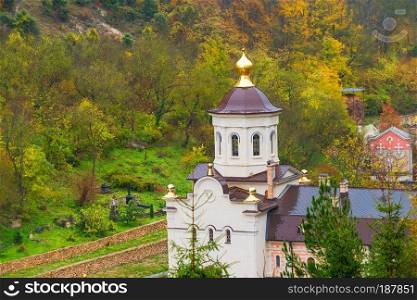 Top view of the monastery with an Orthodox church in the background of the autumn forest