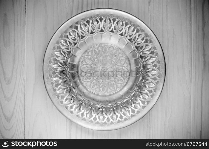 Top view of the silver plate. Black and white photo