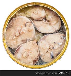 top view of tinned fish isolated on white background - mackerel fish in oil