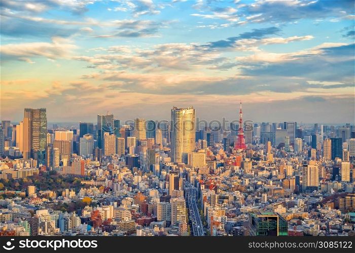 Top view of Tokyo city skyline at sunset in Japan.