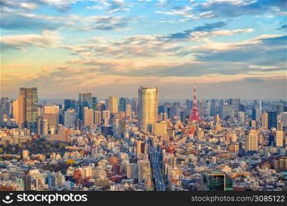 Top view of Tokyo city skyline at sunset in Japan.