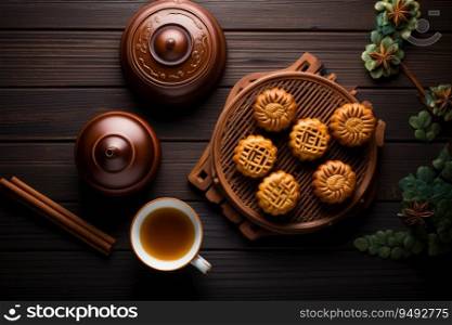 Top view of traditional moon cakes, tea pot and cups on tab≤