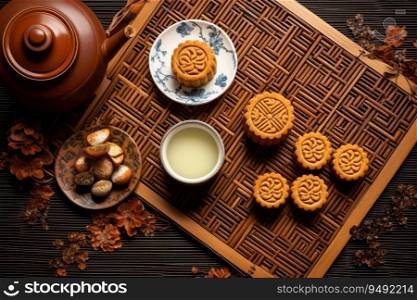 Top view of traditional moon cakes, tea pot and cups on table