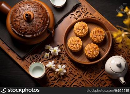 Top view of traditional moon cakes, tea pot and cups on table