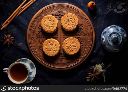 Top view of traditional moon cakes, tea pot and cups on table