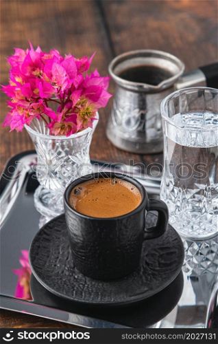 Top view of traditional Turkish Coffee on wooden background