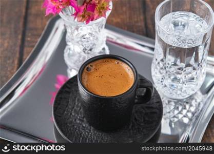 Top view of traditional Turkish Coffee on wooden background